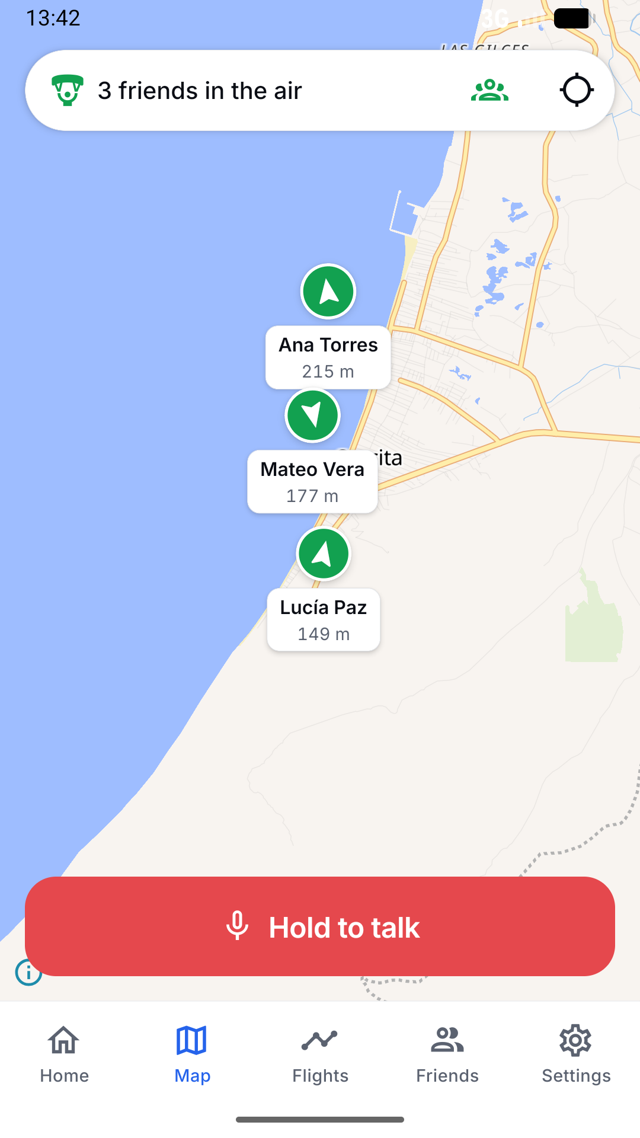 Map with three friends in the air along the Crucita coast