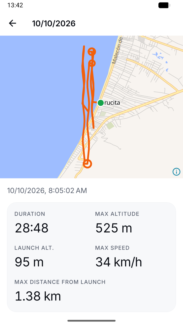 Flight detail: orange track on the map and stats