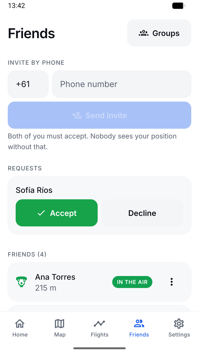 Friends screen: invite by phone, both must accept